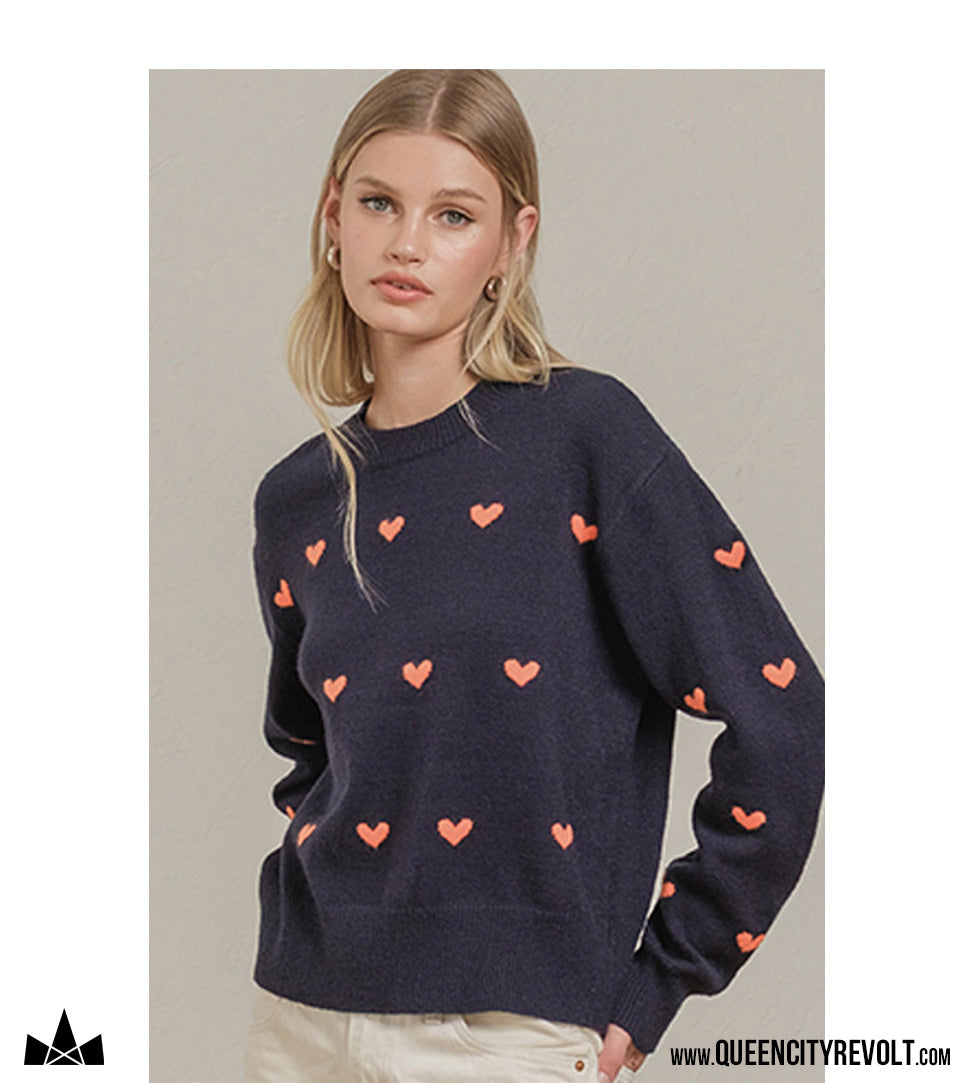 SALE! Women's Heart Knit Sweater, Navy