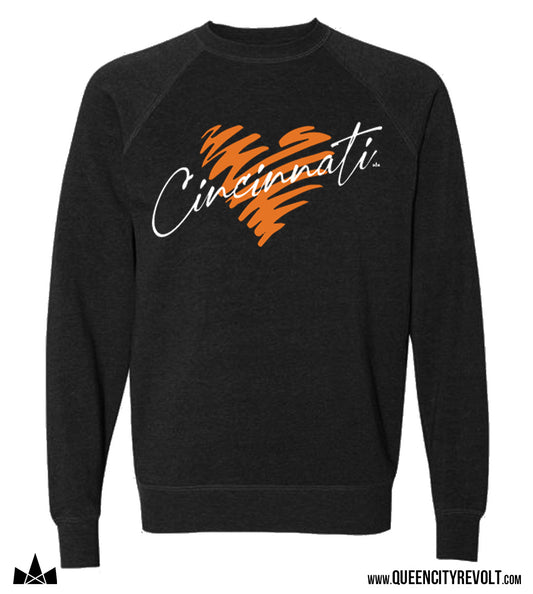 Cincinnati Football, Orange Heart Crew Sweatshirt, Black