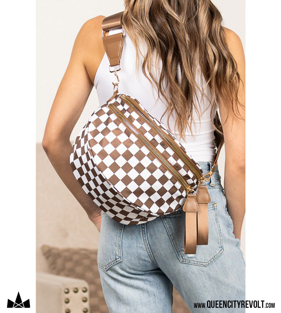 Double Zip Oversized Nylon Crescent Sling, Mocha Check
