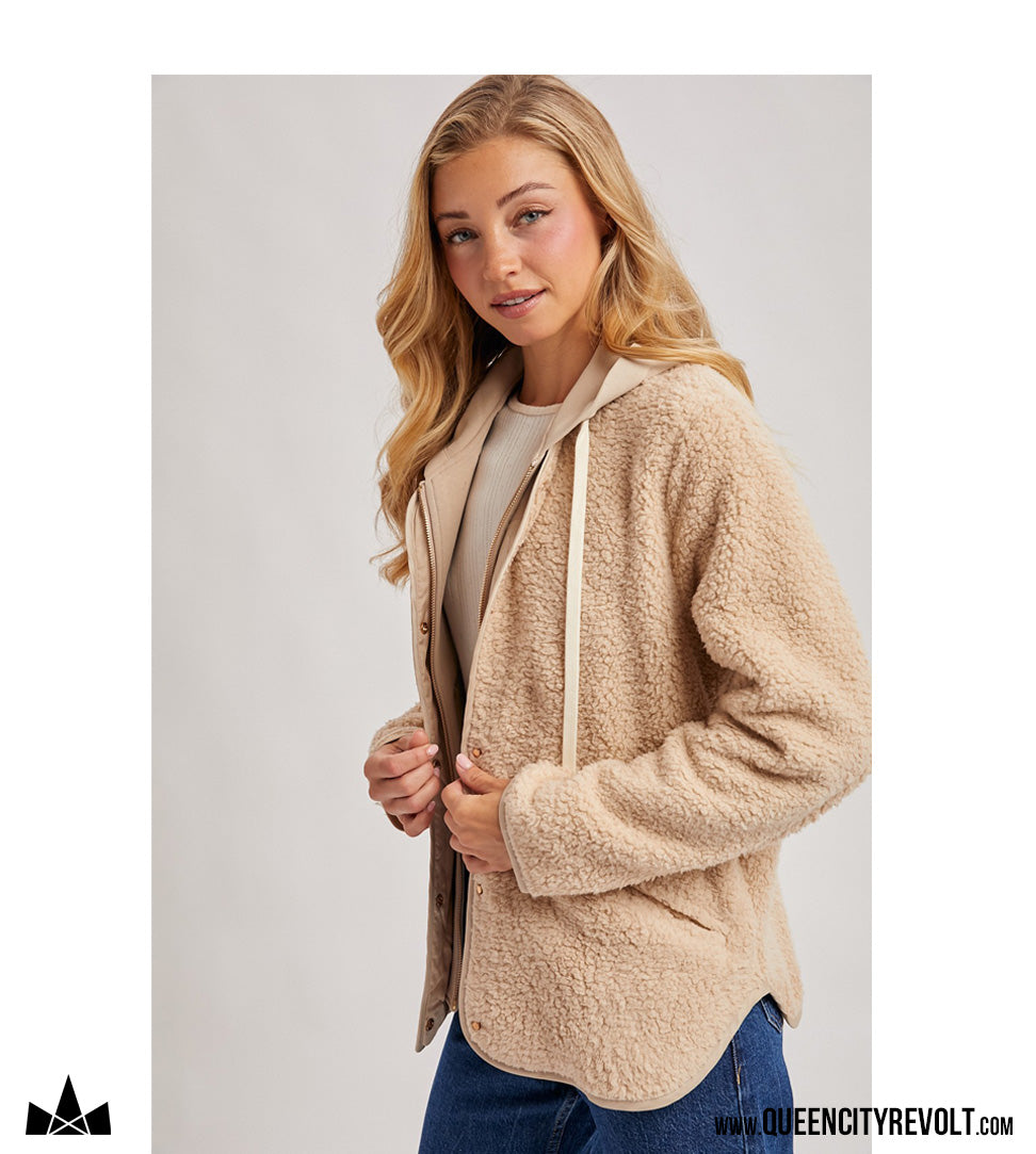 Women's Hooded Button Up Sherpa, Ivory