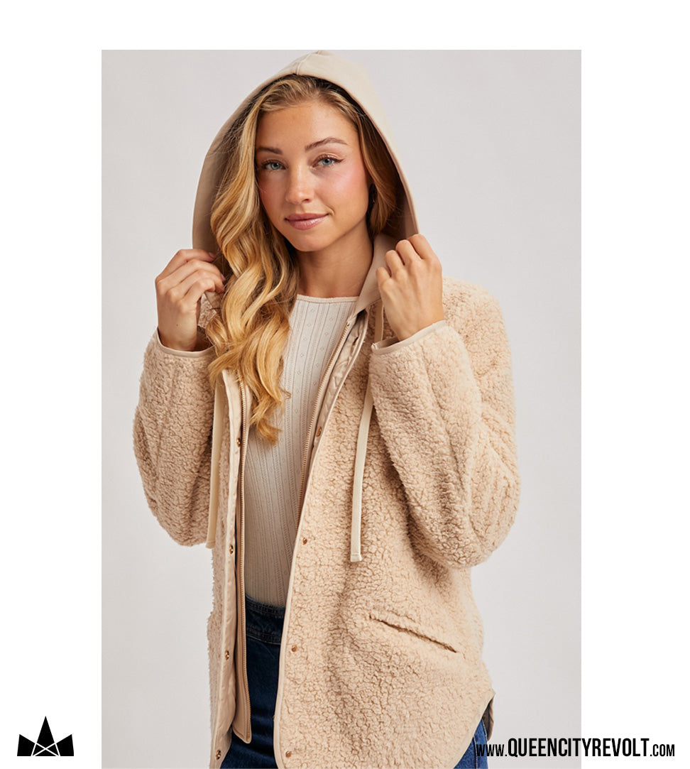 Women's Hooded Button Up Sherpa, Ivory