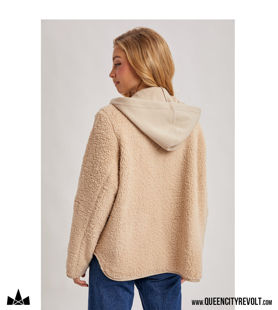 Women's Hooded Button Up Sherpa, Ivory