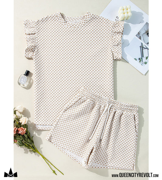 Women's Textured Top & Shorts Set, Sand/White