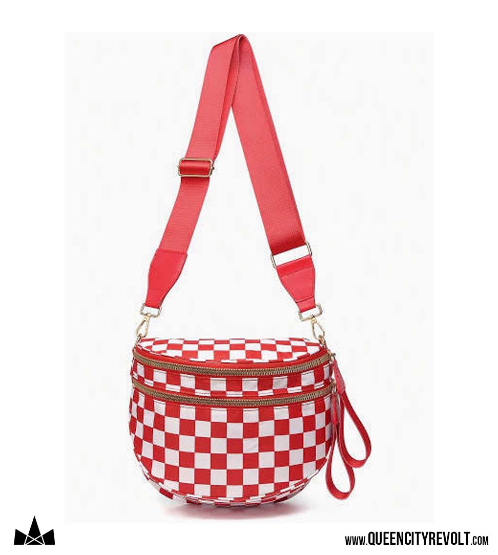 Double Zip Oversized Nylon Crescent Sling, Red Check