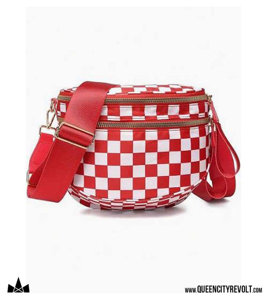 Double Zip Oversized Nylon Crescent Sling, Red Check
