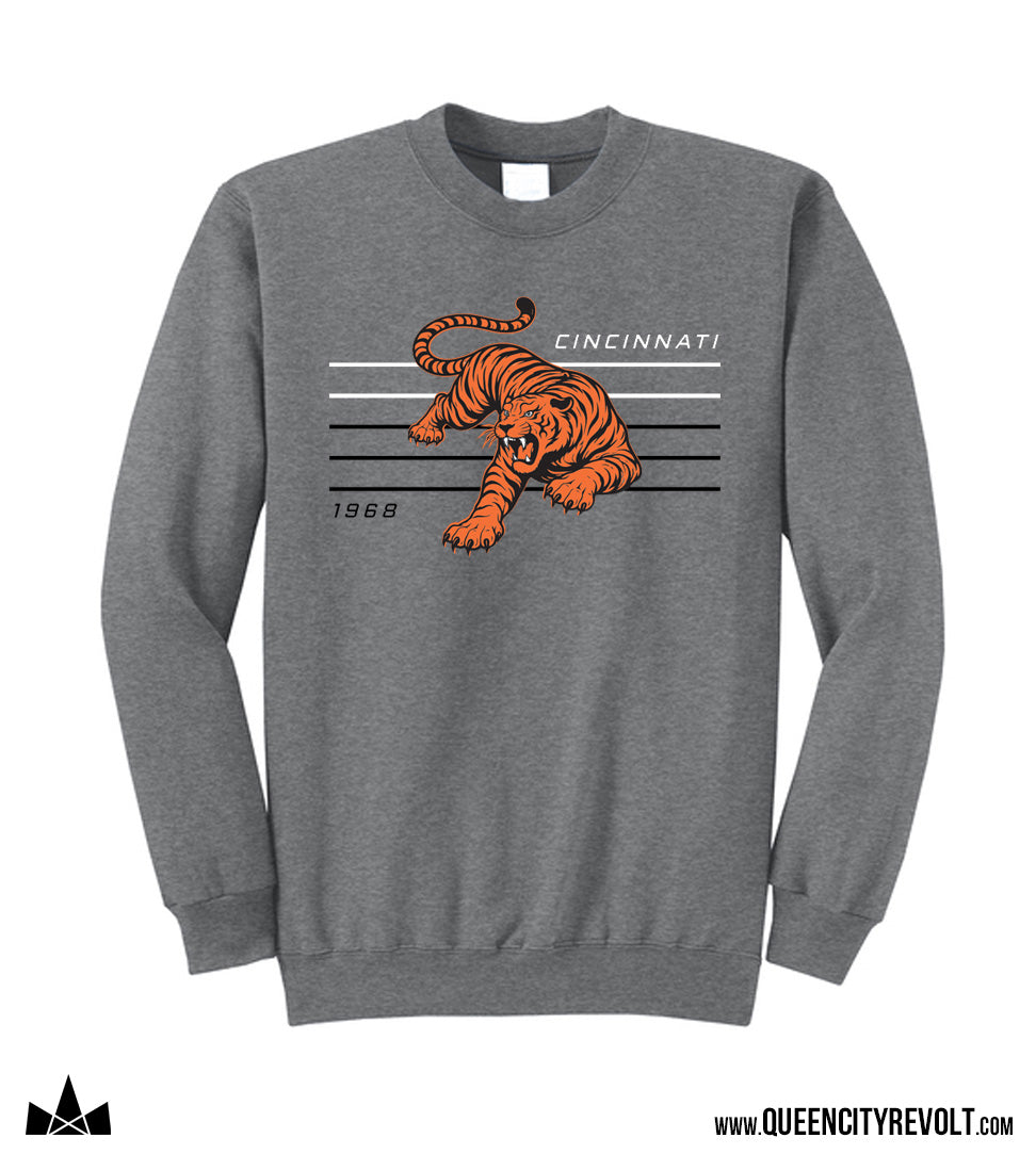 Cincinnati Football, Tiger Lines Crew Sweatshirt, Grey