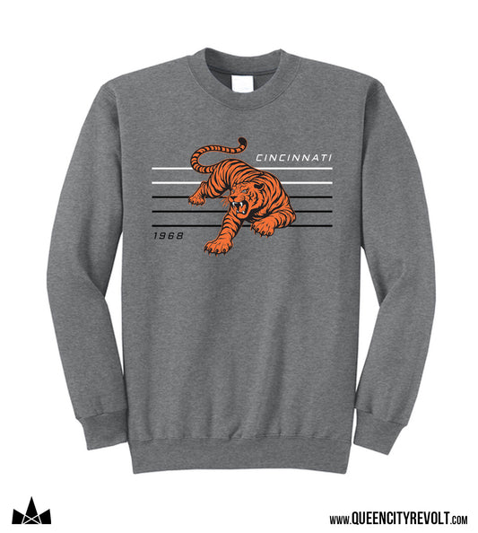 Cincinnati Football, Tiger Lines Crew Sweatshirt, Grey