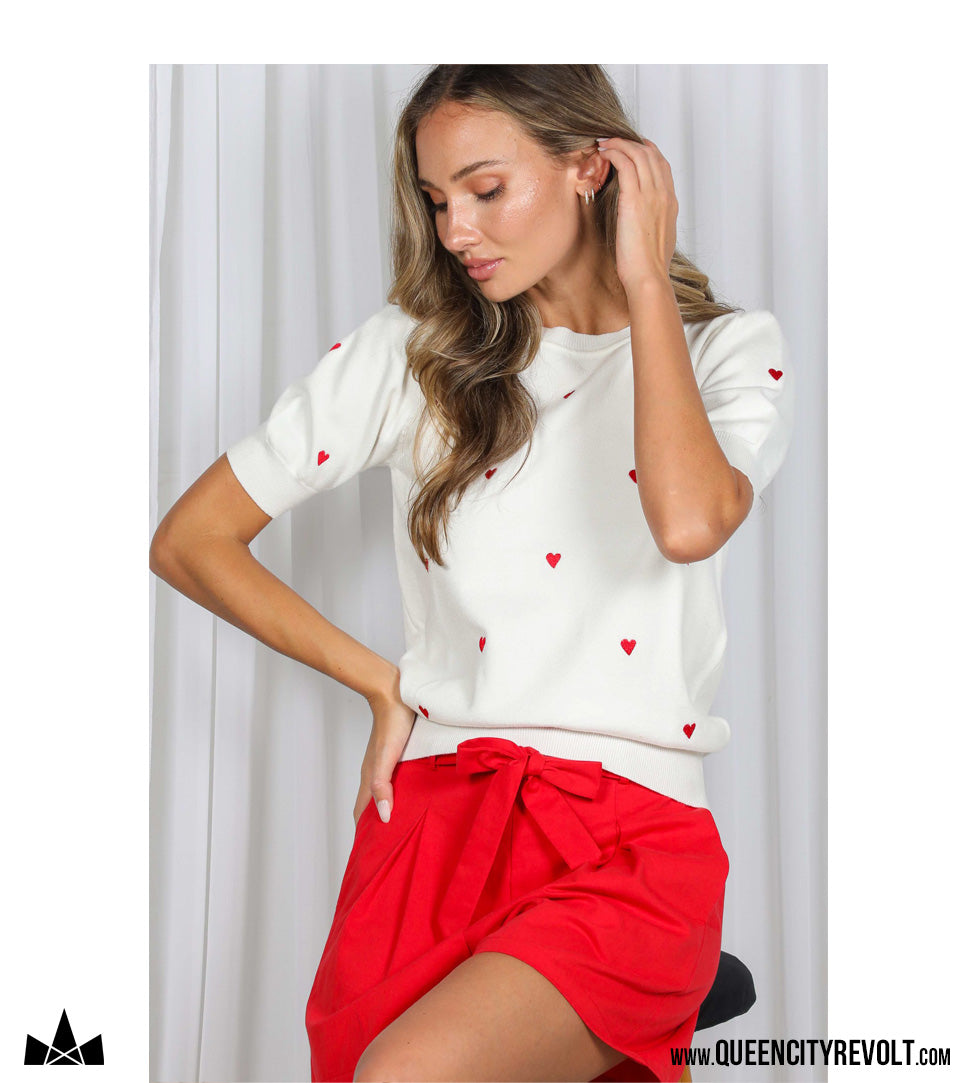 Women's Short Sleeve Heart Sweater, Ivory