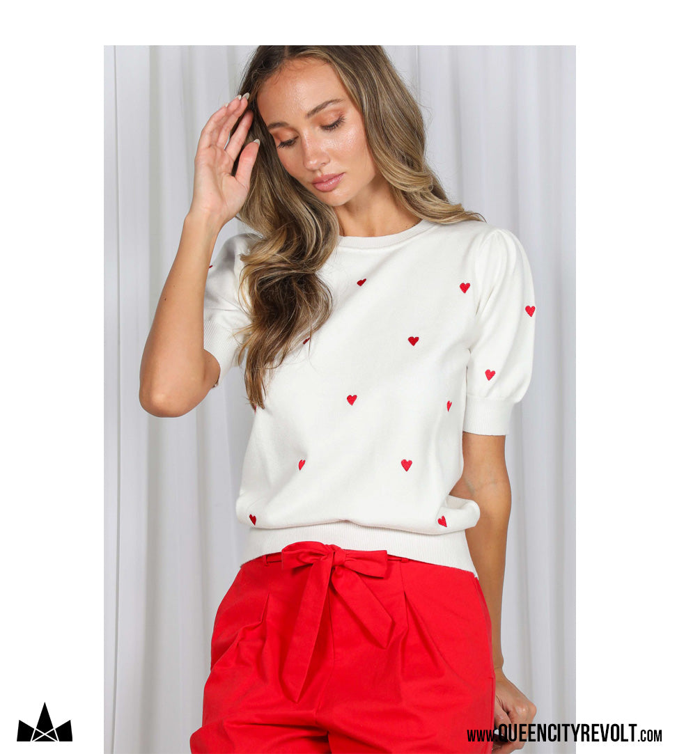 Women's Short Sleeve Heart Sweater, Ivory