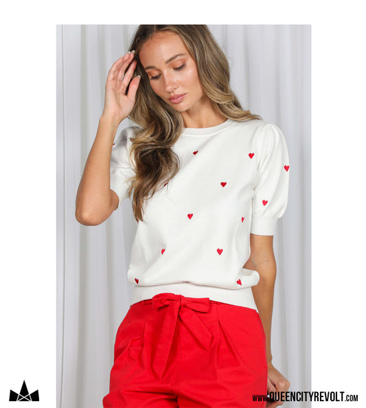 Women's Short Sleeve Heart Sweater, Ivory