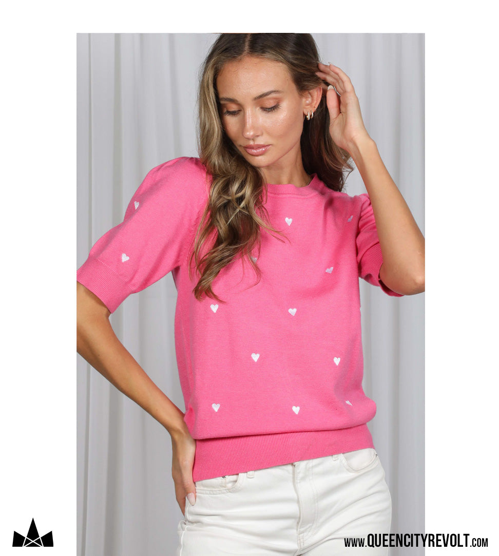 Women's Short Sleeve Heart Sweater, Pink