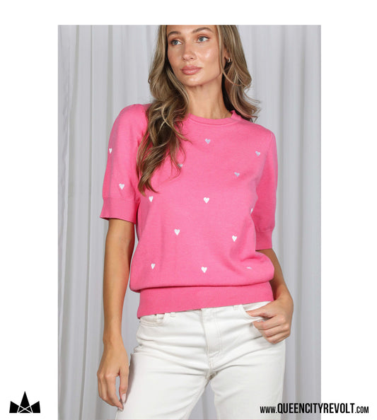 Women's Short Sleeve Heart Sweater, Pink