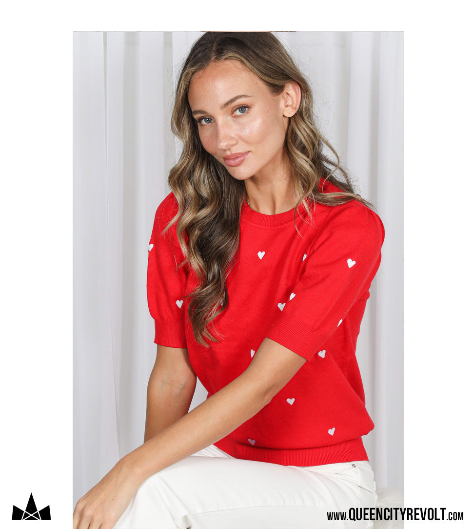 Women's Short Sleeve Heart Sweater, Red
